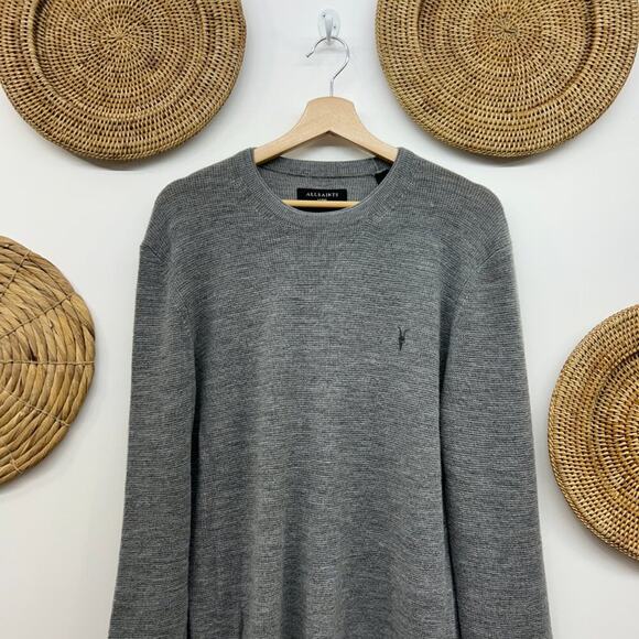 $159 All Saints Gray 100% Merino Wool Knit Crew Neck Ramskull Sweater Mens Large - Picture 4 of 7